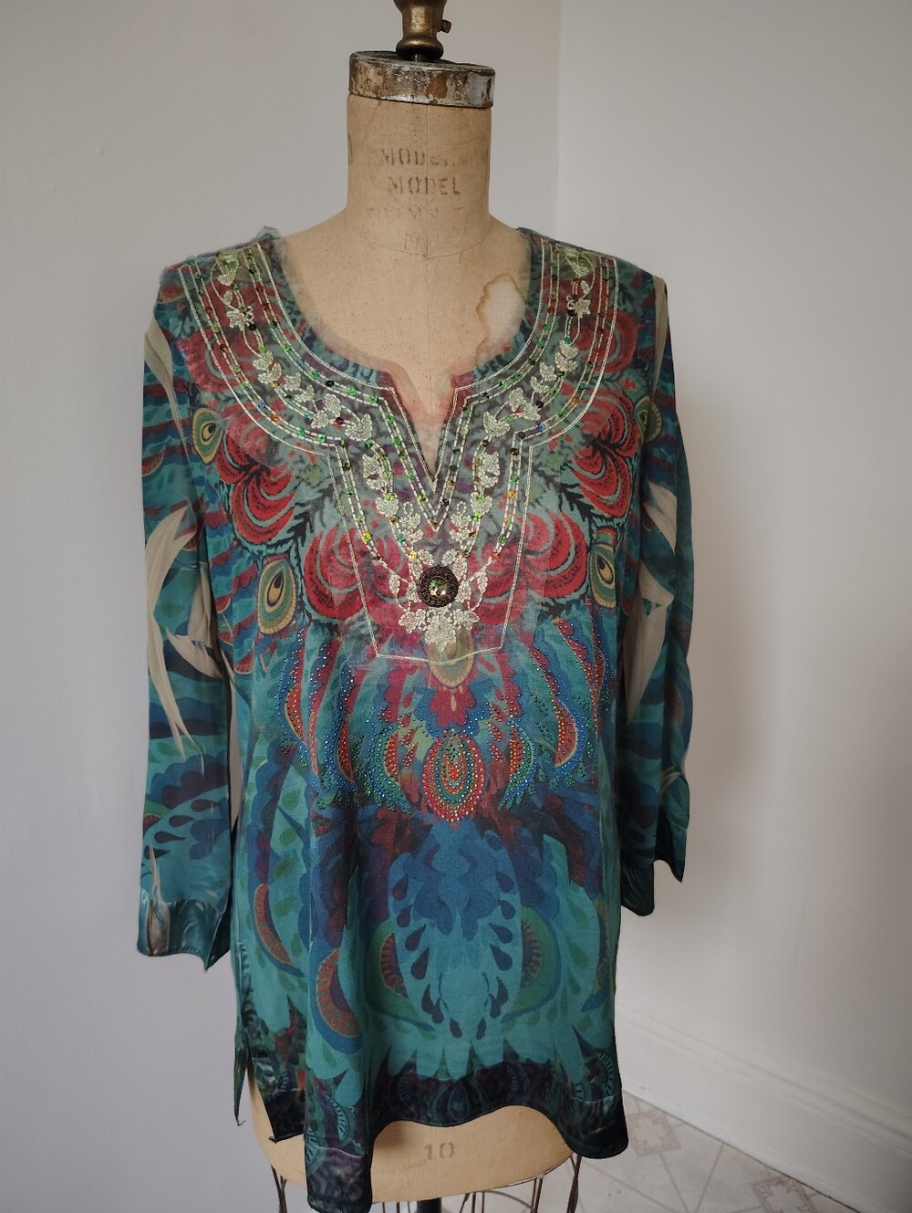 Source Unknown Teal Blue Multi Beaded V-Neck Tunic